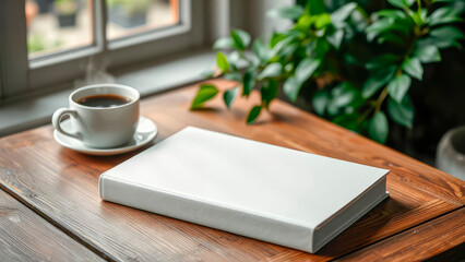 Blank notebook and pen placed on a wooden table surrounded by lush green plants, with a cup of coffee nearby, creating a serene workspace atmosphere for creativity