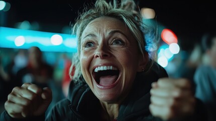 An ecstatic woman cheering and expressing joy in a lively nighttime event, portraying the exuberance and energy of shared experiences with friends and community.