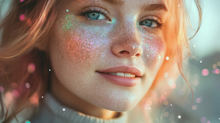 Obraz premium Closeup portrait of a woman with ethereal iridescent light illuminating her face, suitable for beauty and spiritualthemed projects.