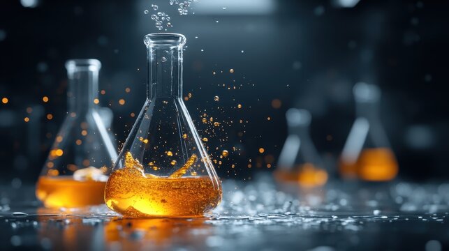 Colorful liquids and splashes in laboratory flasks create a dynamic scene, highlighting the excitement and intrigue of scientific experiments in a modern laboratory setting.