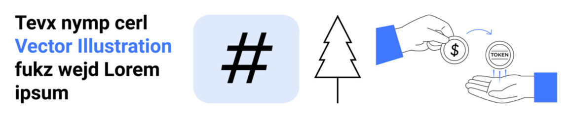 Fototapeta premium metadata tag symbol, tree outline, and hand transferring coins into another hand. Ideal for social media, environment, charity, finance, sustainability, education and simple landing page