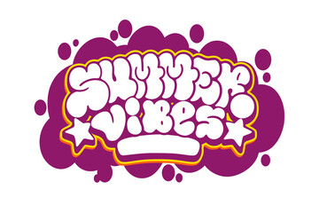 Graffiti throw-up “Summer Vibes” in bold black and white style with bubble on transparent background. Fun urban street art perfect for summer themes, hip hop vibe, and fresh graphic projects.