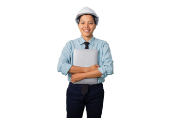 Smile Asian woman engineers  while holding laptop outdoors promoting teamwork gender equality and diversity in a modern tech driven job environment.