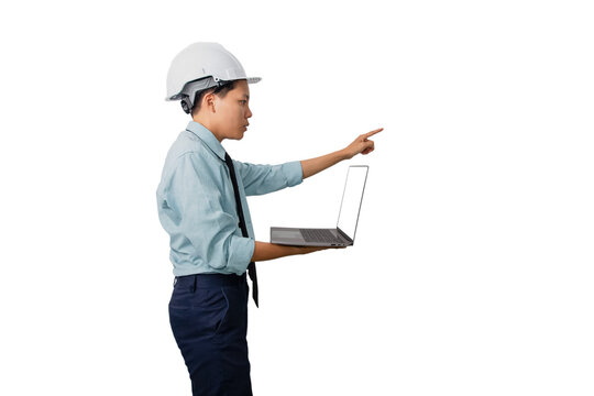 female engineers use laptop to review blueprints outdoors, pointing  checking plans while wearing helmets. teamwork safety and inclusive leadership on site.