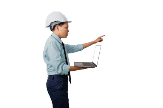 female engineers use laptop to review blueprints outdoors, pointing  checking plans while wearing helmets. teamwork safety and inclusive leadership on site.