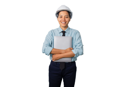 Smile Asian woman engineers  while holding laptop outdoors promoting teamwork gender equality and diversity in a modern tech driven job environment.