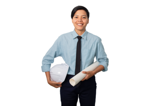 Smile Asian woman engineers while holding blueprint outdoors promoting Safety teamwork gender equality and diversity in a modern tech driven job environment. - Powered by Adobe