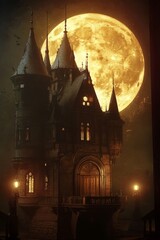 Enchanting night scene of a castle under a glowing moon.