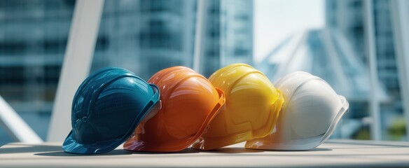 The colorful collection of hard hats organized on a construction site.