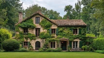 Ivy-Covered Stone House in Lush Greenery