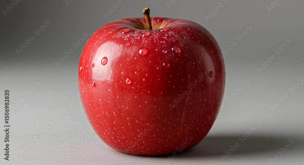 Poster a single shiny red apple with water droplets on its surface against a gray background in a studio sh