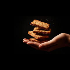 Hand lifts crispy toast slices in a dark setting