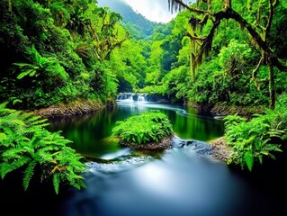A tranquil waterway cutting through dense tropical foliage.