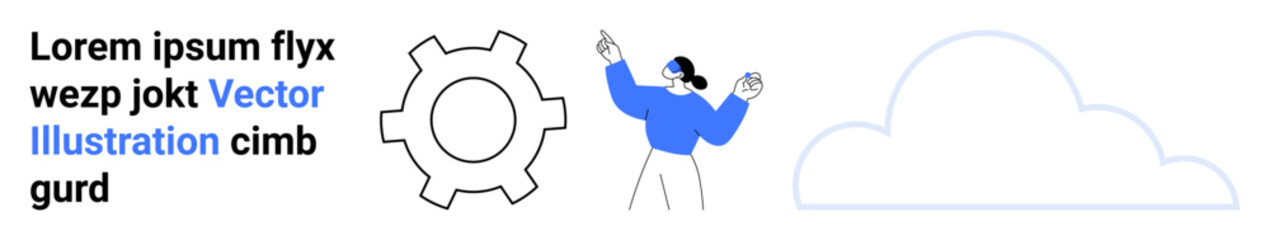 Person pointing upward, gear icon for settings, cloud sketch. Ideal for technology, cloud computing, customization, user experience, innovation, workflow simple landing page