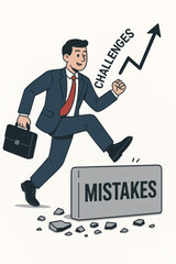Businessman jumping over mistakes obstacles hurdles. Overcoming challenges breakthrough success growth progress. Professional achievement resilience determination motivation