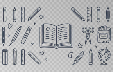 Hand-drawn school supplies icons png set on transparent background. Back to school doodle hand drawn elements, vector set. Vector illustration. 