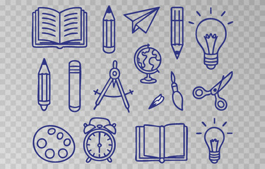 Hand-drawn school supplies icons png set on transparent background. Back to school doodle hand drawn elements, vector set. Vector illustration. 