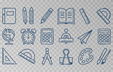 Hand-drawn school supplies icons png set on transparent background. Back to school doodle hand drawn elements, vector set. Vector illustration. 