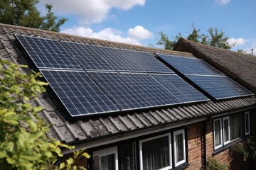 Fototapeta premium Solar panels installed on a house roof, generating renewable energy under a partly cloudy sky.
