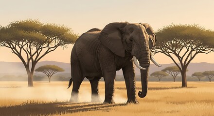 Majestic African Elephant in Savannah Sunset Wildlife Art