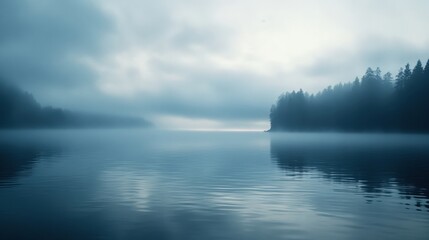 Fototapeta premium Misty lake reflects a tranquil landscape at dawn with dense forests and soft clouds enveloping the surroundings