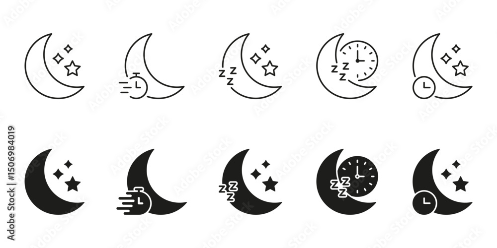 Poster crescent moon and clock line and solid icon set. sleep cycle, nighttime, and restful sleep tracking 