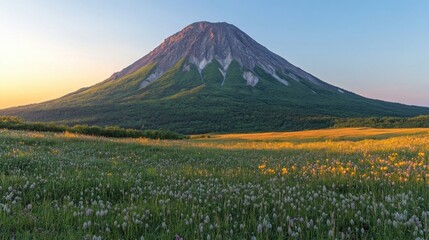 Fototapeta premium Mountain Scenery with Lush Greenery and Field of Flowers Under Blue Sky