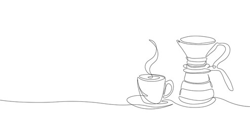 Continuous one line drawing of coffee cup and pour over brewer. Coffee dripper with mug art print, barista equipment poster design. Minimalist vector illustration