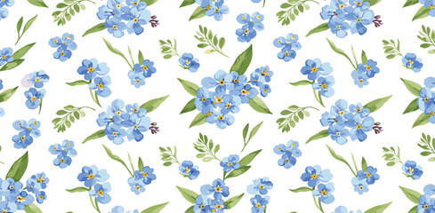 Blue delicate forget-me-not flowers and field grass. Spring botanical watercolor seamless pattern on white background, suitable for eco-branding, packaging, cards, wedding designs, botanical prints