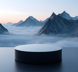 Sleek Black Podium in Ethereal Mountain Setting, Futuristic Product Podium: Black Display in Misty Mountain Valley
