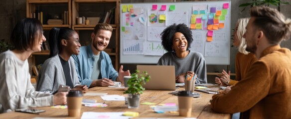 The vibrant teamwork session featuring diverse professionals collaborating around a table.