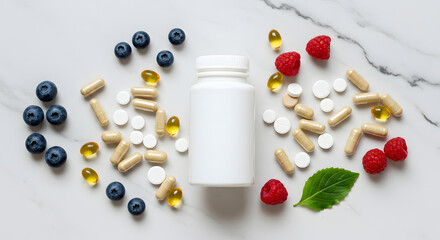 White supplement bottle surrounded by various capsules, tablets, and berries on marble surface