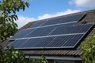 Fototapeta premium Solar panels installed on a house roof generate clean energy under a blue sky with scattered clouds.