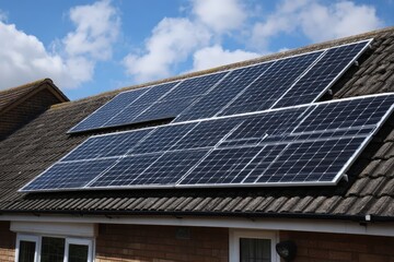 Naklejka premium Solar panels mounted on a sloped house roof generate clean energy under a partly cloudy sky.