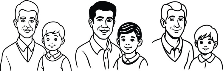 Father and Son Line Art – Happy Dad with Child Black and White Family Drawing