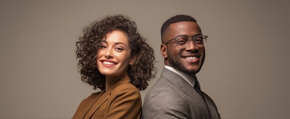 Obraz premium The confident professionals sharing smiles and showcasing teamwork in elegant attire.