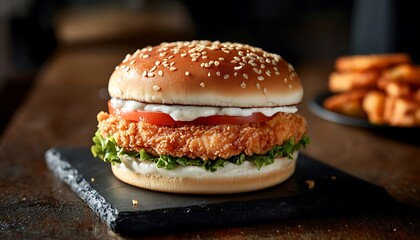 Iconic chicken burger with crispy details in light brown and creamy white tones