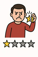 Angry disappointed customer giving negative one star rating review. Bad service experience feedback. Poor quality assessment. Unsatisfied user rating system concept