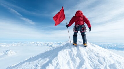 An adventurous climber stands triumphantly holding a red flag at the summit of a majestic snow-covered mountain, symbolizing achievement and the spirit of exploration in nature.