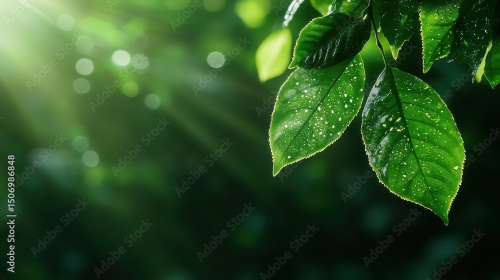 Aufkleber sunlight filters through leaves adorned with fresh raindrops, creating a serene and tranquil atmosph