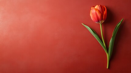 Obraz premium A striking red tulip elegantly positioned on a matching red background, representing beauty and simplicity, capturing attention with its bold color and form.
