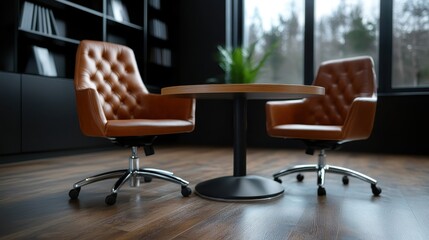 A modern office space featuring elegant brown chairs and a round table encapsulates the perfect blend of functionality and style for professional environments.