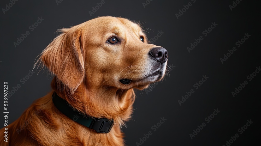 Poster a close-up portrait of a golden retriever capturing its gentle and friendly expression, showcasing t