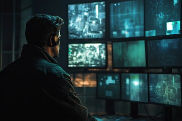 Security officer monitoring surveillance feeds on multiple screens at night