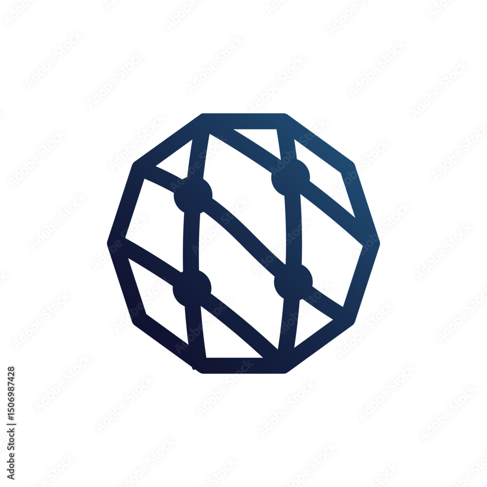 Poster dark blue polygonal shape resembling a globe or network with connecting lines and darker blue nodes.