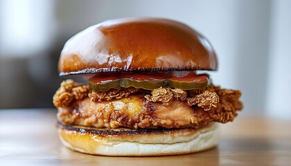 Iconic chicken burger with crispy details in light brown and creamy white tones