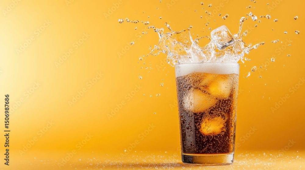 Poster a glass of a fizzy soft drink splashes joyfully with ice cubes, encapsulating refreshment and excite