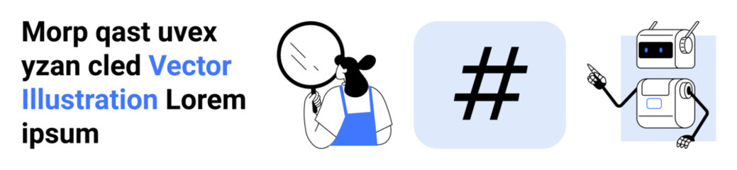 Researcher examines magnifying glass, metadata tag icon symbolizes trends, robot interacts with gesture. Ideal for technology, innovation, social media, research, digital marketing, education simple