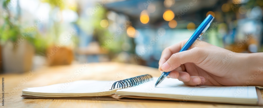 Poster the hand writing in a notebook in a cozy workspace setting.