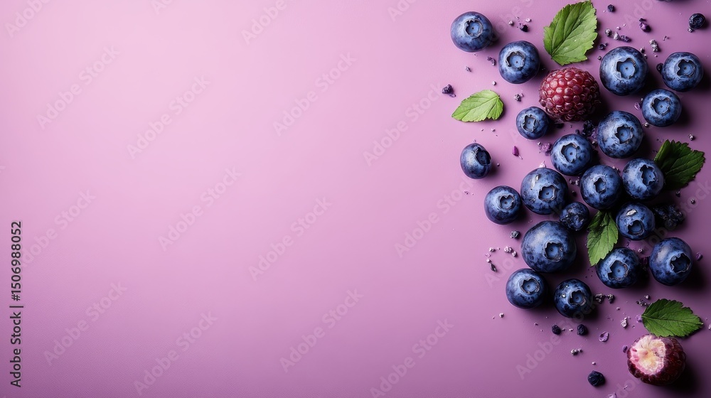 Poster a colorful array of blueberries and raspberries arranged on a soft pink backdrop, highlighting their